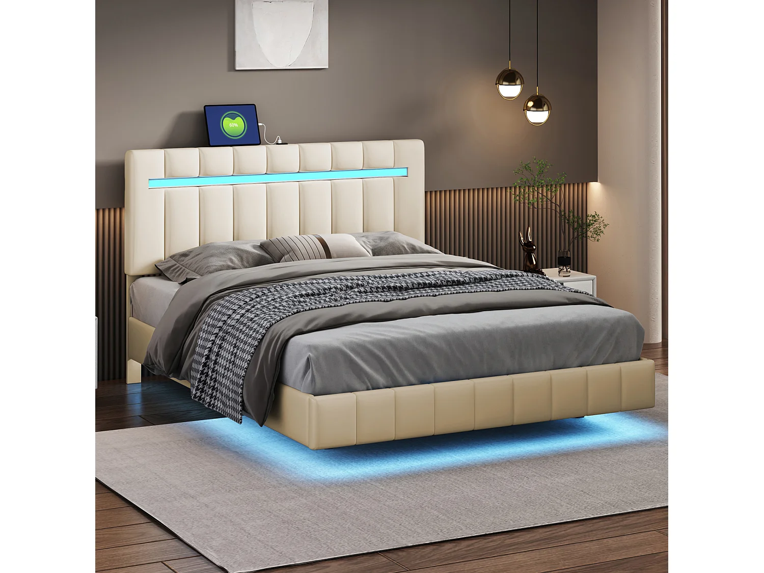 Gestoffeerd bed 140 x 200 cm, gestoffeerd zwevend bedframe met LED-verlichting en designhoofdbord, vlak logeerbed in huidvriendelijk linnenbeige