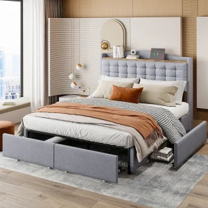 Gestoffeerd bed 160 x 200 cm, tweepersoonsbed met USB-oplaadpoort en plank, opbergruimte met 4 lades, in grijs linnen