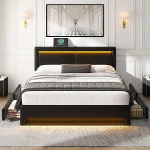 Gestoffeerd bed 140 x 190 cm met USB-poort (draadloos en draadopladen mogelijk), met LED-verlichting en vier opbergladen, zwart Gestoffeerd bed 140 x 190 cm met USB-poort (draadloos en draadopladen mogelijk), met LED-verlichting en vier opbergladen, zwart