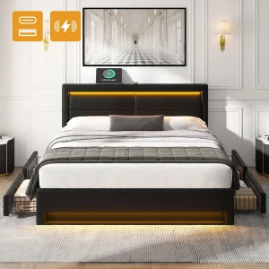 Gestoffeerd bed 140 x 200 cm met USB-poort (draadloos en bedraad opladen mogelijk), met LED-verlichting en vier opbergladen, zwart Gestoffeerd bed 140 x 200 cm met USB-poort (draadloos en bedraad opladen mogelijk), met LED-verlichting en vier opbergladen, zwart