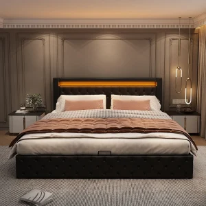 Gestoffeerd bed 140 x 200 cm, met lattenbodem en opbergruimte, met LED-verlichting, zwart, PU Gestoffeerd bed 140 x 200 cm, met lattenbodem en opbergruimte, met LED-verlichting, zwart, PU