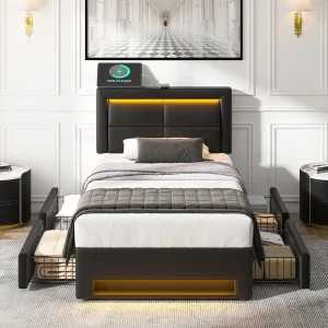 Gestoffeerd bed 90×200 cm, met USB-poort (draadloos en draadopladen mogelijk), met LED-verlichting en vier laden, PU-Litschi, zwart