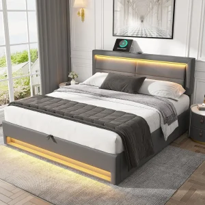 Gestoffeerd bed 140 x 200 cm, met USB-poort (voor draadloos en bedraad opladen), met LED-verlichting, grijs Gestoffeerd bed 140 x 200 cm, met USB-poort (voor draadloos en bedraad opladen), met LED-verlichting, grijs