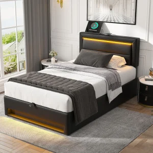 Gestoffeerd bed 90 x 190 cm, met USB-poort (draadloos en draadopladen), LED-verlichting en opbergruimte, zwart