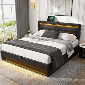 Gestoffeerd bed 140 x 200 cm, met USB-poort (voor draadloos en bedraad opladen), met LED-verlichting, zwart Gestoffeerd bed 140 x 200 cm, met USB-poort (voor draadloos en bedraad opladen), met LED-verlichting, zwart