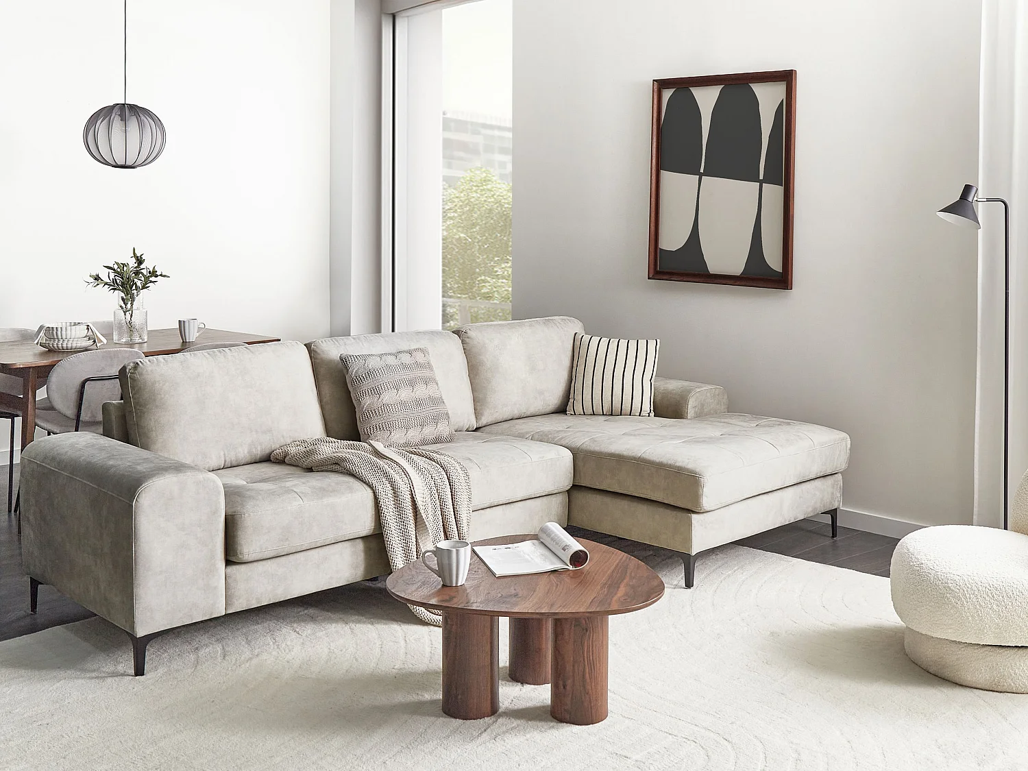 Hoekbank KIRUNA Fluweel Lichtbeige 4-zitter Linkerzijde