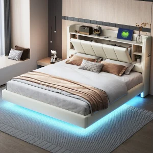 Gestoffeerd bed 160 x 200 cm met omkeerbaar hoofdbord en opbergruimte – USB-aansluiting en LED's – Linnen stof – Beige