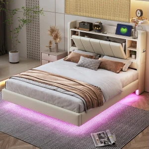 Gestoffeerd bed 140 x 200 cm met omkeerbaar hoofdbord en opbergruimte – USB-aansluiting en LED's – Linnen stof – Beige Gestoffeerd bed 140 x 200 cm met omkeerbaar hoofdbord en opbergruimte – USB-aansluiting en LED's – Linnen stof – Beige