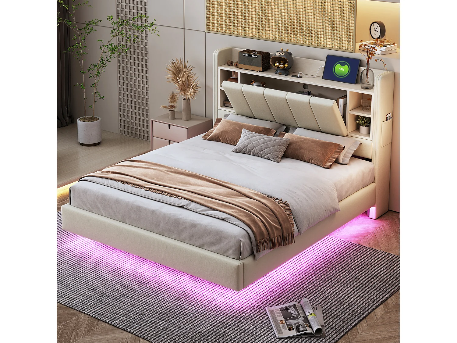 Gestoffeerd bed 140 x 200 cm met omkeerbaar hoofdbord en opbergruimte - USB-aansluiting en LED's - Linnen stof - Beige