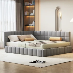 Gestoffeerd bed 160 x 200 cm, Slaapbank met hoofdbord – Fluwelen stof – met lattenbodem – Grijs Gestoffeerd bed 160 x 200 cm, Slaapbank met hoofdbord – Fluwelen stof – met lattenbodem – Grijs