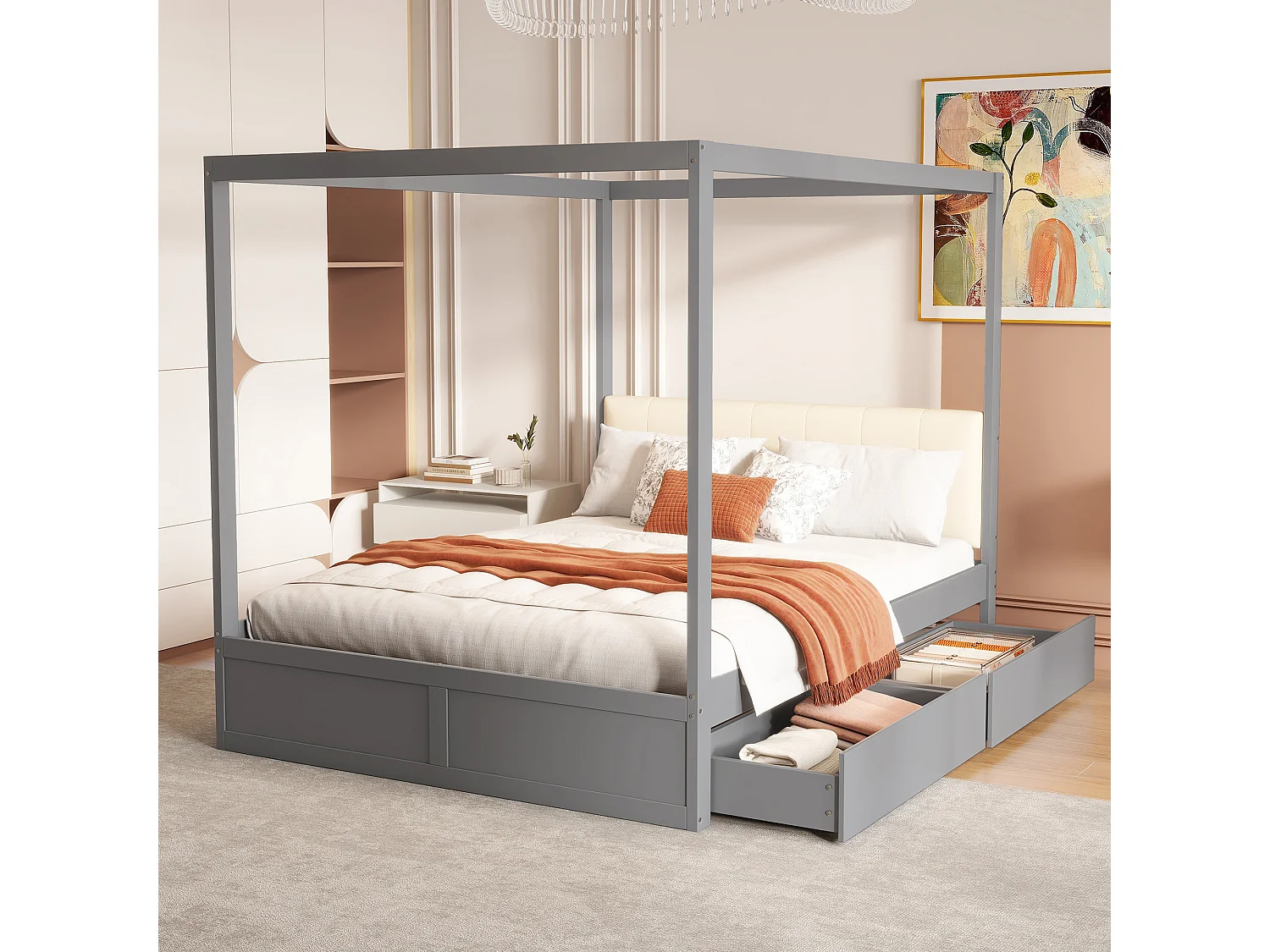 Hemelbed 140 x 200 cm met gestoffeerd hoofdeinde en 2 lades - Massief hout + multiplex + MDF - Grijs
