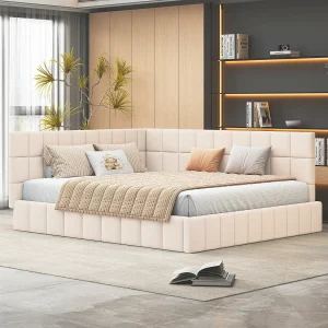 Gestoffeerd bed 160 x 200 cm, Slaapbank met hoofdbord – Fluwelen stof – met lattenbodem – Beige Gestoffeerd bed 160 x 200 cm, Slaapbank met hoofdbord – Fluwelen stof – met lattenbodem – Beige