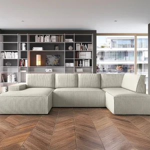 Grote panoramische omkeerbare hoekslaapbank met hoek links van beige ribfluweel AMELIA Grote panoramische omkeerbare hoekslaapbank met hoek links van beige ribfluweel AMELIA