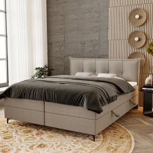 Gestoffeerd bed 160×200 Liron – Tweepersoonsbed met matras, met topper, opbergruimte, Lichtgrijs (Anthology 15)