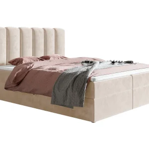 Gestoffeerd bed 160×200 met matras Rimini – bed met topper, opbergruimte, beige (Amor Velvet 4304)