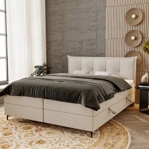 Gestoffeerd bed 160×200 Liron – Tweepersoonsbed met matras, met topper, opbergruimte, Crème (Anthology 1)