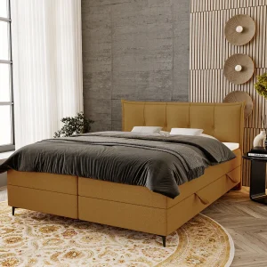 Gestoffeerd bed 160×200 Liron – Tweepersoonsbed met matras, met topper, opbergruimte, Oranje (Anthology 10)