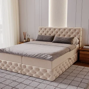 Gestoffeerd bed met matras 140×200 Royal – bed 140×200 met opbergruimte, topper, beige (Royal Velvet 3) Gestoffeerd bed met matras 140×200 Royal – bed 140×200 met opbergruimte, topper, beige (Royal Velvet 3)