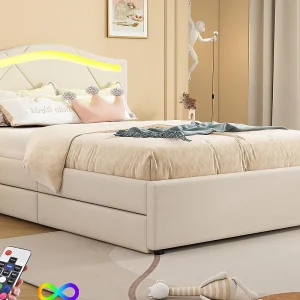 Gestoffeerd bed 90×200 cm – met LED-verlichting – met 2 lades – linnen – bed met lattenbodem – beige (matras niet inbegrepen)