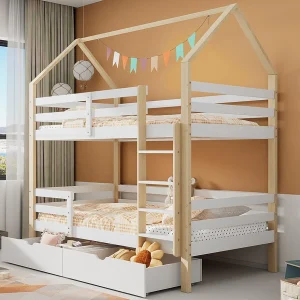 Stapelbed 90x200cm in grenenhout – met 2 lades en ladder – Wit Stapelbed 90x200cm in grenenhout – met 2 lades en ladder – Wit