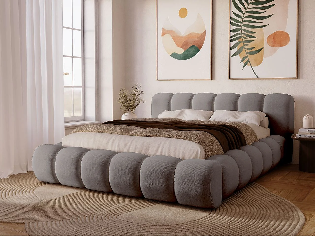 Gestoffeerd bed Doria 120x200 grijs - opbergruimte voor beddengoed, houten lattenbodem, doorgestikt hoofdbord en bedframe