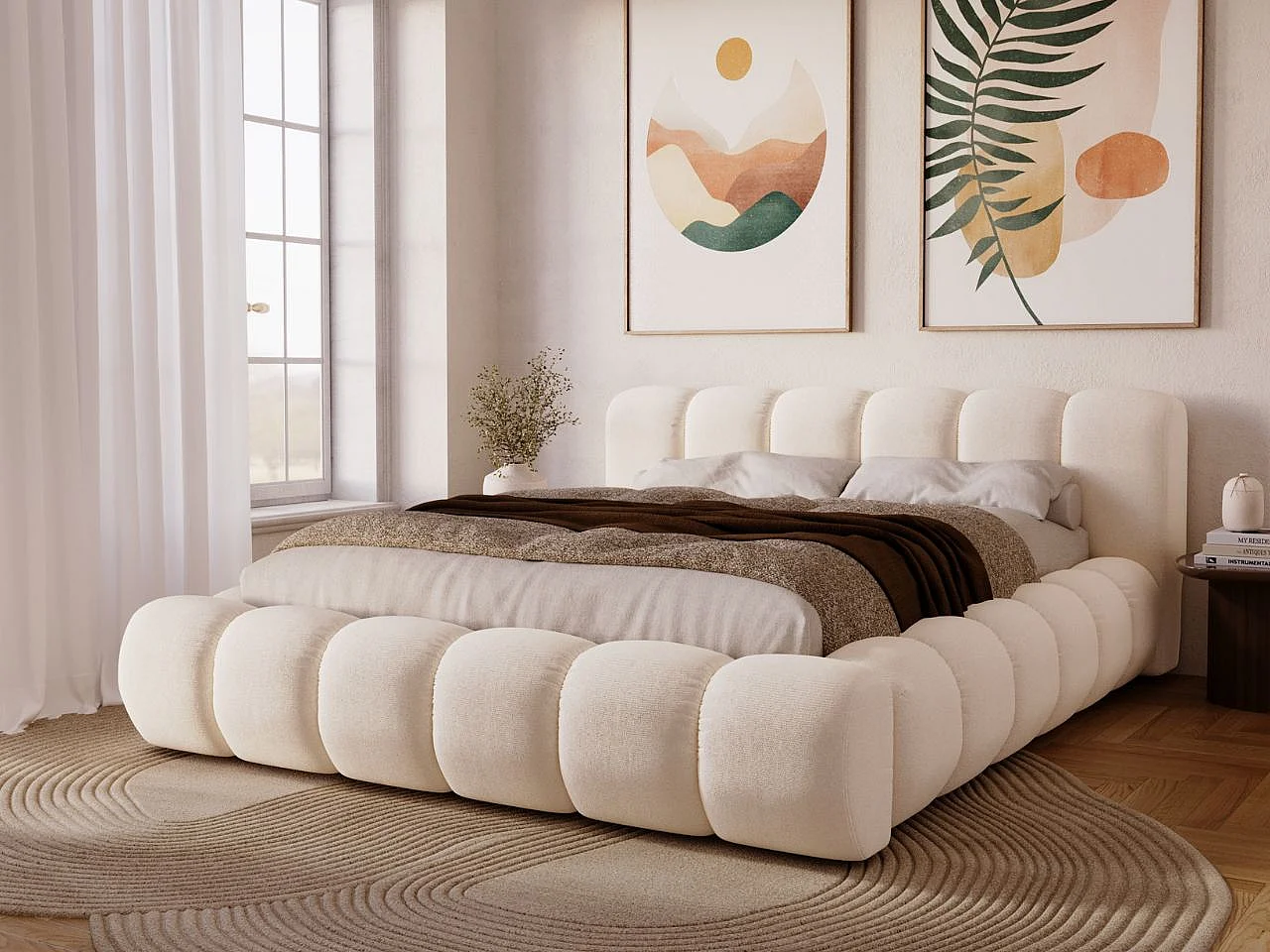 Gestoffeerd bed Doria 120x200 crème - opbergruimte voor beddengoed, houten lattenbodem, doorgestikt hoofdbord en bedframe
