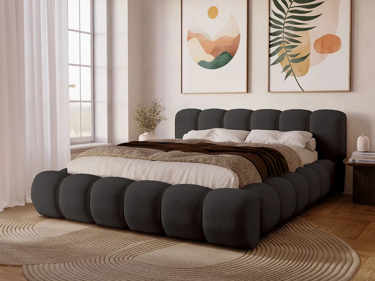 Gestoffeerd bed Doria 160x200 donkergrijs - opbergruimte voor beddengoed, houten lattenbodem, doorgestikt hoofdbord en bedframe