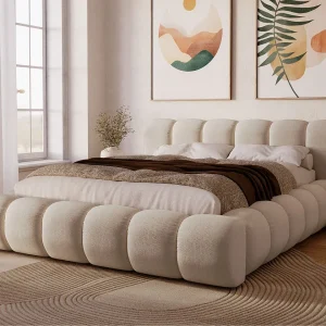 Gestoffeerd bed Doria 140×200 beige – opbergruimte voor beddengoed, houten lattenbodem, doorgestikt hoofdbord en bedframe Gestoffeerd bed Doria 140×200 beige – opbergruimte voor beddengoed, houten lattenbodem, doorgestikt hoofdbord en bedframe