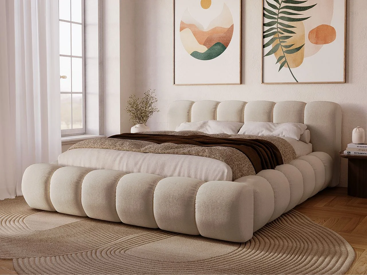 Gestoffeerd bed Doria 140x200 beige - opbergruimte voor beddengoed, houten lattenbodem, doorgestikt hoofdbord en bedframe