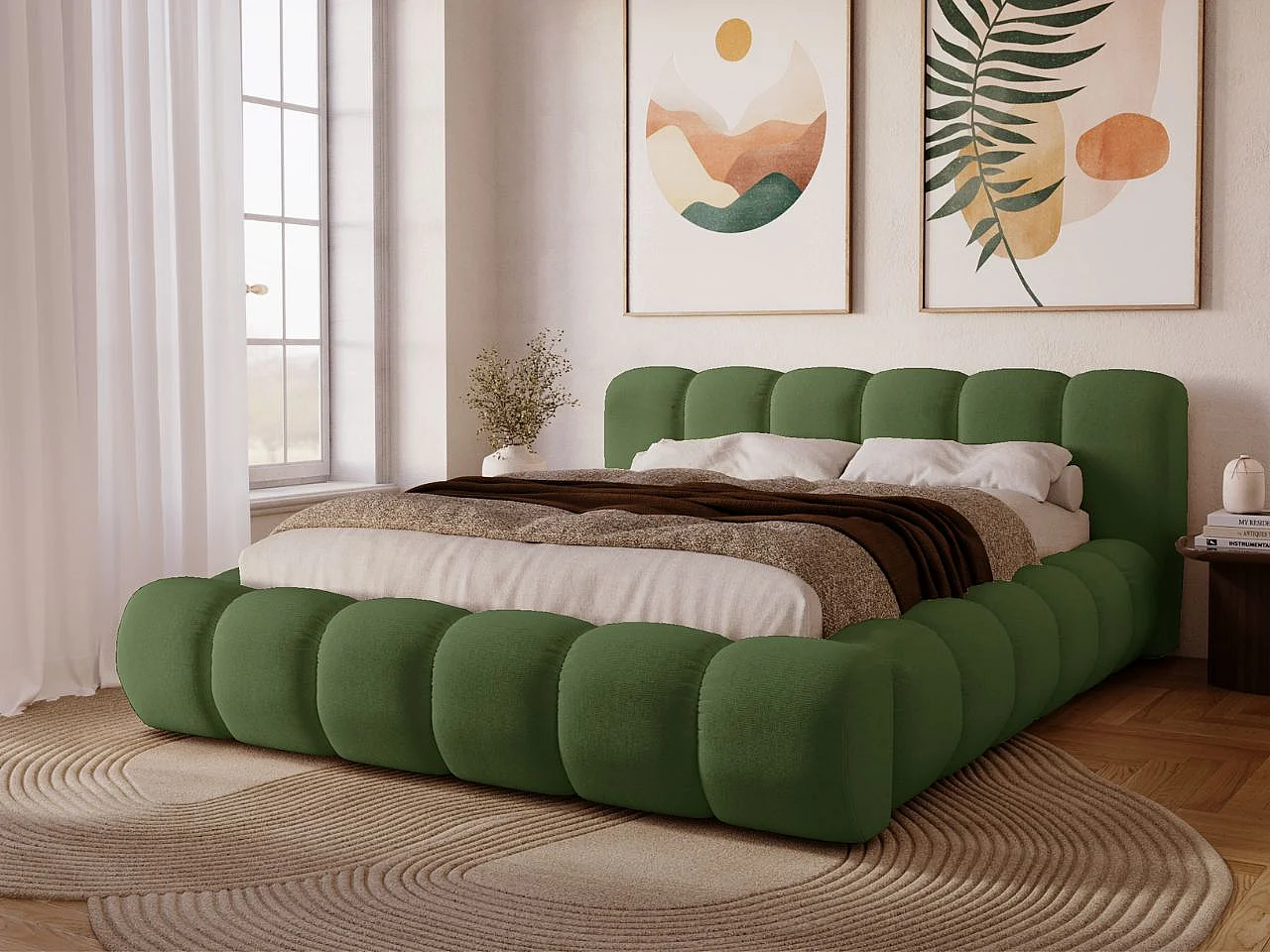 Gestoffeerd bed Doria 120x200 groen - opbergruimte voor beddengoed, houten lattenbodem, doorgestikt hoofdbord en bedframe