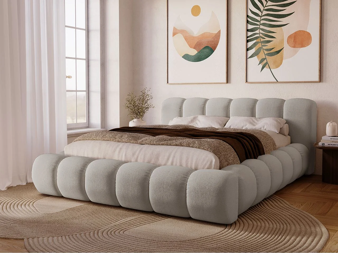 Gestoffeerd bed Doria 160x200 lichtgrijs - opbergruimte voor beddengoed, houten lattenbodem, doorgestikt hoofdbord en bedframe