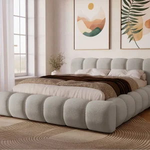 Gestoffeerd bed Doria 120×200 lichtgrijs – opbergruimte voor beddengoed, houten lattenbodem, doorgestikt hoofdbord en bedframe Gestoffeerd bed Doria 120×200 lichtgrijs – opbergruimte voor beddengoed, houten lattenbodem, doorgestikt hoofdbord en bedframe