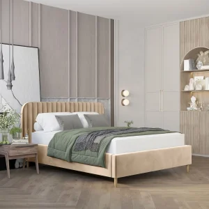 Gestoffeerd bed van velvet stof Noto – 180×200 cm – beige Gestoffeerd bed van velvet stof Noto – 180×200 cm – beige