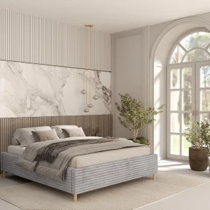 Gestoffeerd bed Larch – 160 x 200 cm – fluweelstof – grijs Gestoffeerd bed Larch – 160 x 200 cm – fluweelstof – grijs