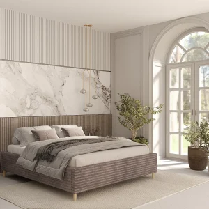 Gestoffeerd bed Larch – 160 x 200 cm – fluweelstof – beige Gestoffeerd bed Larch – 160 x 200 cm – fluweelstof – beige