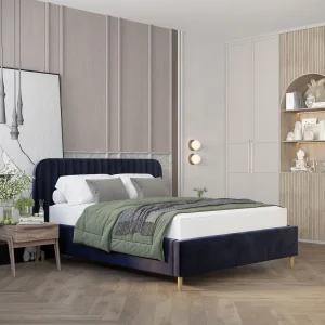 Gestoffeerd bed van velvet stof Noto – 180×200 cm – marineblauw Gestoffeerd bed van velvet stof Noto – 180×200 cm – marineblauw