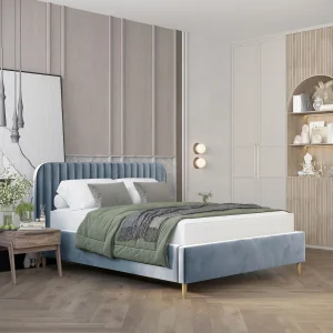 Gestoffeerd bed van velvet stof Noto – 180×200 cm – blauw grijs Gestoffeerd bed van velvet stof Noto – 180×200 cm – blauw grijs