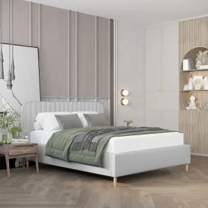 Gestoffeerd bed Noto – 160 x 200 cm – geweven stof – lichtgrijs Gestoffeerd bed Noto – 160 x 200 cm – geweven stof – lichtgrijs