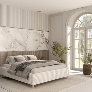 Gestoffeerd bed Larch – 120 x 200 cm – fluweelstof – creme