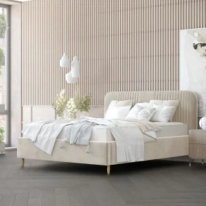 Gestoffeerd bed Livy – 180 x 200 cm – fluweelstof – crème Gestoffeerd bed Livy – 180 x 200 cm – fluweelstof – crème