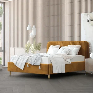 Gestoffeerd bed Livy – 120 x 200 cm – fluweelstof – mosterdgeel Gestoffeerd bed Livy – 120 x 200 cm – fluweelstof – mosterdgeel
