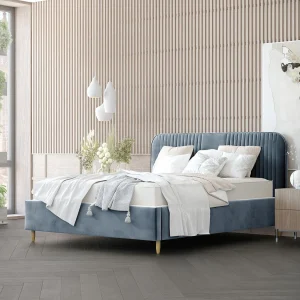 Gestoffeerd bed Livy – 180 x 200 cm – fluweelstof – blauwgrijs Gestoffeerd bed Livy – 180 x 200 cm – fluweelstof – blauwgrijs