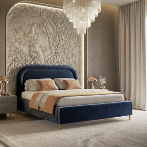 Gestoffeerd bed Mija – 120 x 200 cm – chenillestof – marineblauw Gestoffeerd bed Mija – 120 x 200 cm – chenillestof – marineblauw