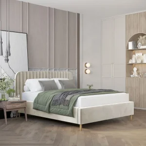 Gestoffeerd bed van velvet stof Noto – 120×200 cm – creme