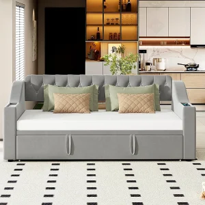Gestoffeerd onderschuifbed, 90/180*190 cm, extra brede dikke armleuningen (met USB-oplaadpoort), grijs Gestoffeerd onderschuifbed, 90/180*190 cm, extra brede dikke armleuningen (met USB-oplaadpoort), grijs