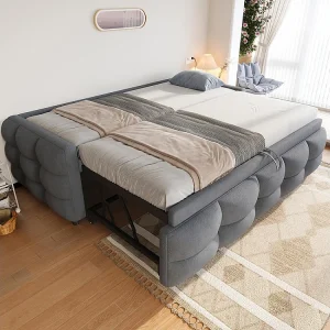 Gestoffeerd bed, uitschuifbare slaapbank, 90/180*190 cm, futonbed, fluwelen teddystof, tweepersoonsbed met lattenbodem, multifunctioneel bed, grijs Gestoffeerd bed, uitschuifbare slaapbank, 90/180*190 cm, futonbed, fluwelen teddystof, tweepersoonsbed met lattenbodem, multifunctioneel bed, grijs