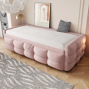 Gestoffeerd bed, uitschuifbare slaapbank, 90/180*190 cm, futonbed, fluwelen teddystof, tweepersoonsbed met lattenbodem, multifunctioneel bed,Roze Gestoffeerd bed, uitschuifbare slaapbank, 90/180*190 cm, futonbed, fluwelen teddystof, tweepersoonsbed met lattenbodem, multifunctioneel bed,Roze