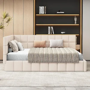 Gestoffeerd bed, slaapbank 160*200 Multifunctioneel bed met lattenbodem, huidvriendelijke veloursstof Beige Gestoffeerd bed, slaapbank 160*200 Multifunctioneel bed met lattenbodem, huidvriendelijke veloursstof Beige