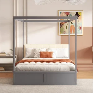 Hemelbed 140*200 cm, met grote laden en zachte rug, grijs houten bed Hemelbed 140*200 cm, met grote laden en zachte rug, grijs houten bed