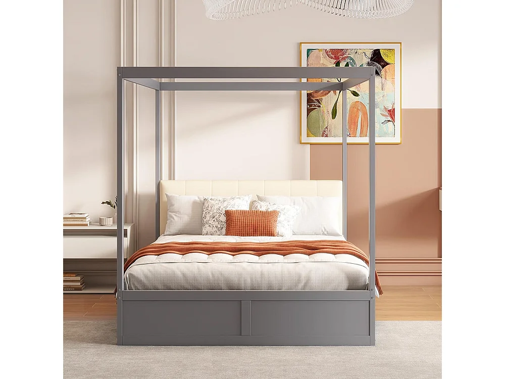 Hemelbed 140*200 cm, met grote laden en zachte rug, grijs houten bed